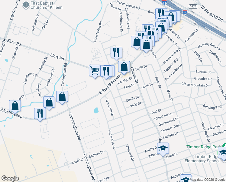 map of restaurants, bars, coffee shops, grocery stores, and more near 4009 Oak Valley Drive in Killeen