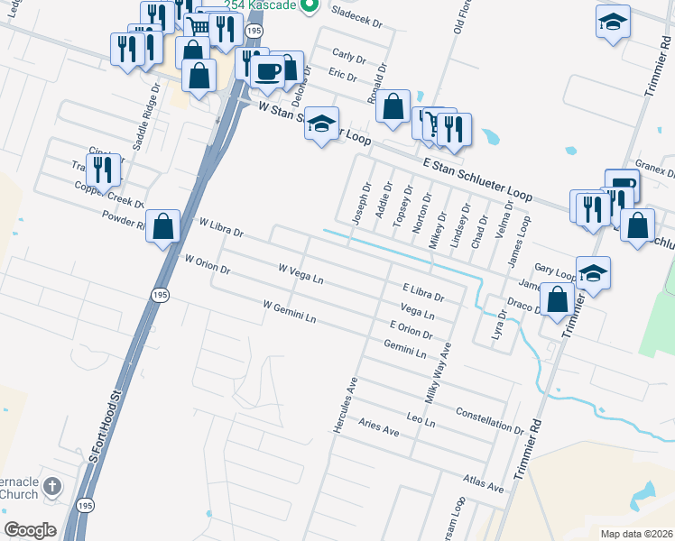 map of restaurants, bars, coffee shops, grocery stores, and more near 302 West Libra Drive in Killeen