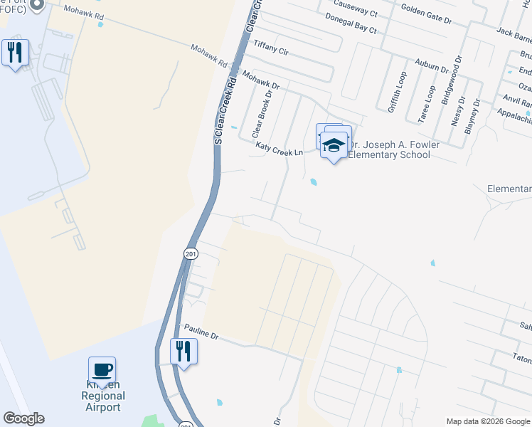 map of restaurants, bars, coffee shops, grocery stores, and more near 4906 Farrell Lane in Killeen