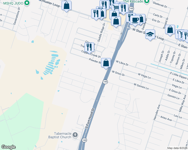 map of restaurants, bars, coffee shops, grocery stores, and more near 5507 S Fort Hood St in Killeen