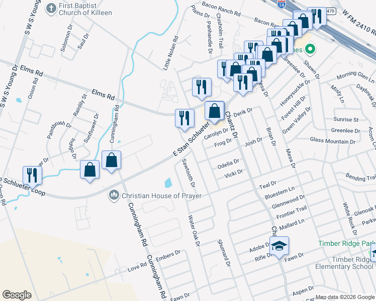 map of restaurants, bars, coffee shops, grocery stores, and more near 3705 Water Oak Drive in Killeen