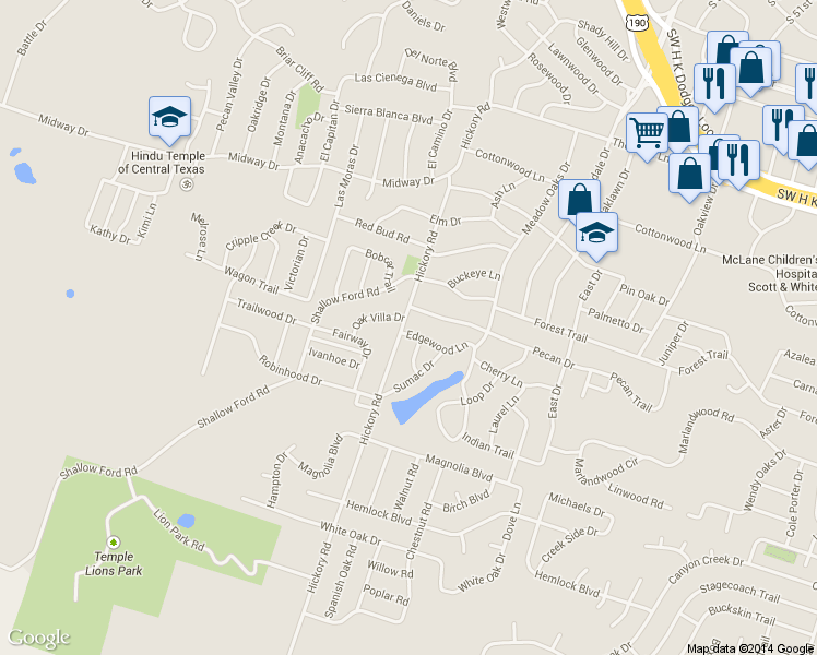 map of restaurants, bars, coffee shops, grocery stores, and more near 3414 Edgewood Ln in Temple