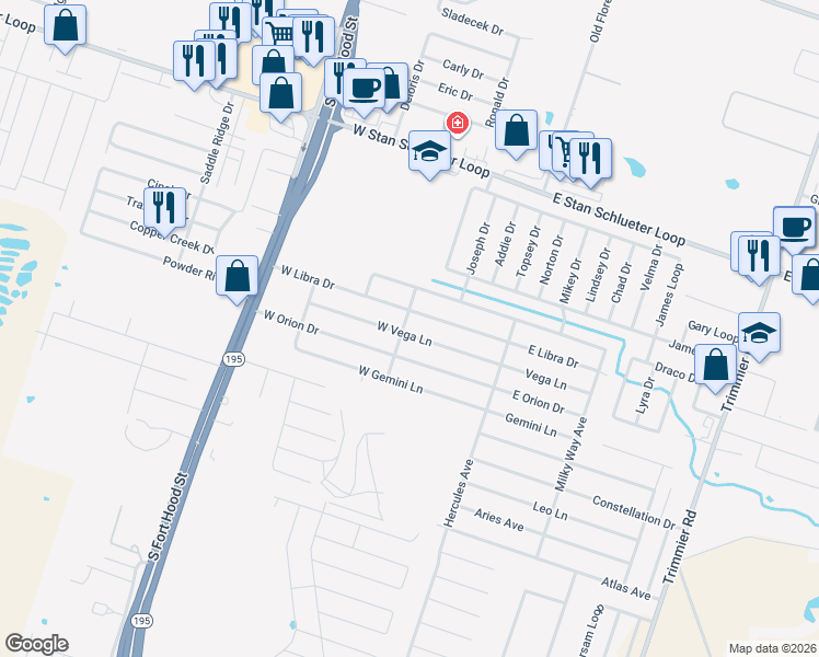 map of restaurants, bars, coffee shops, grocery stores, and more near 404 West Libra Drive in Killeen