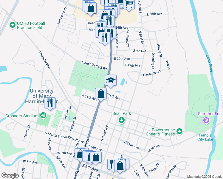 map of restaurants, bars, coffee shops, grocery stores, and more near 1501 North Main Street in Belton