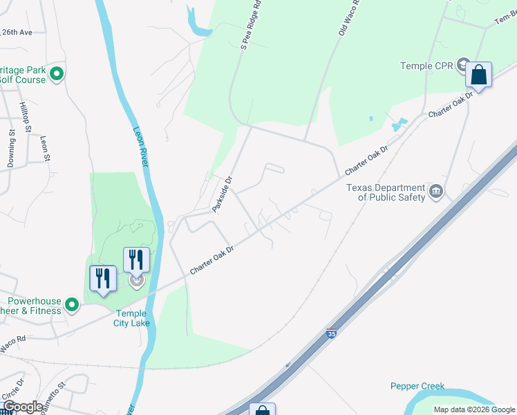 map of restaurants, bars, coffee shops, grocery stores, and more near 5018 Charter Oak Drive in Temple