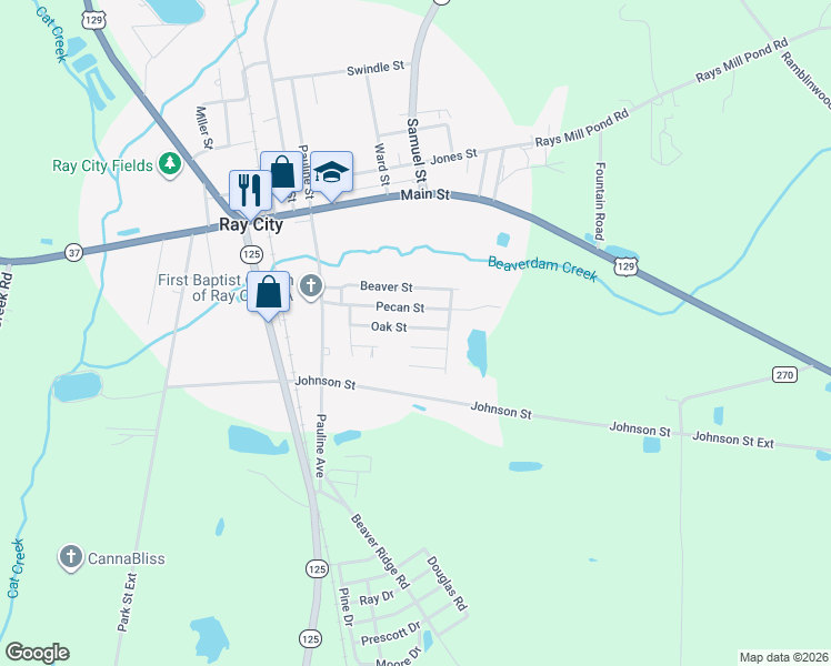 map of restaurants, bars, coffee shops, grocery stores, and more near 162 Oak Street in Ray City