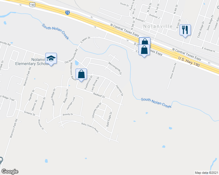 map of restaurants, bars, coffee shops, grocery stores, and more near 6005 Chimney Hill Drive in Nolanville