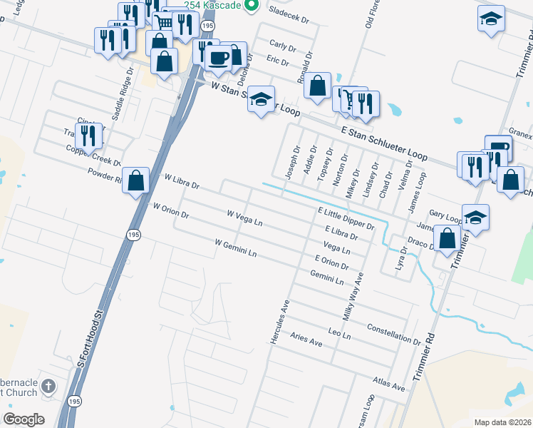 map of restaurants, bars, coffee shops, grocery stores, and more near 302 West Libra Drive in Killeen