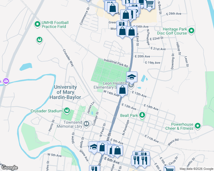 map of restaurants, bars, coffee shops, grocery stores, and more near 1413 French Street in Belton