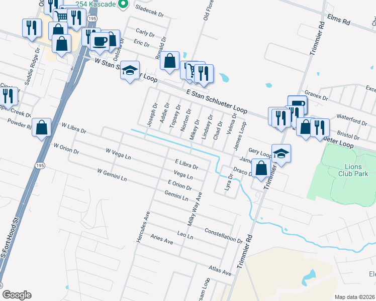 map of restaurants, bars, coffee shops, grocery stores, and more near 405 East Little Dipper in Killeen