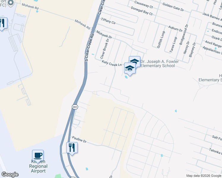 map of restaurants, bars, coffee shops, grocery stores, and more near 4906 Farrell Lane in Killeen