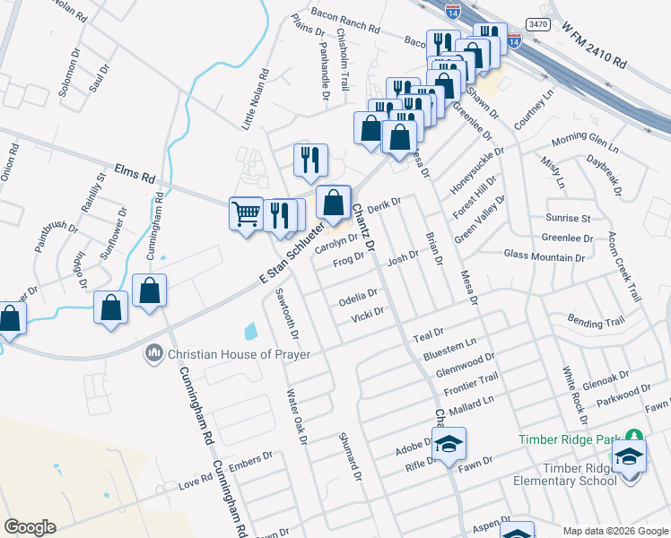map of restaurants, bars, coffee shops, grocery stores, and more near 4108 Frog Drive in Killeen