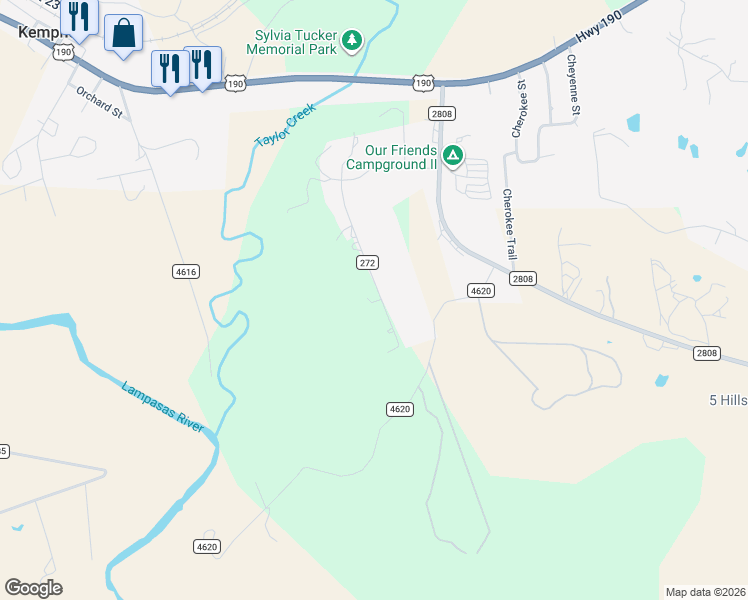 map of restaurants, bars, coffee shops, grocery stores, and more near 536 Pecos Lane in Kempner
