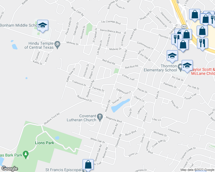 map of restaurants, bars, coffee shops, grocery stores, and more near 3601 Oak Villa Drive in Temple