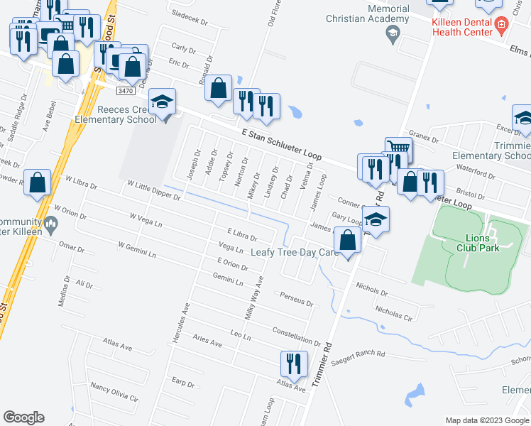 map of restaurants, bars, coffee shops, grocery stores, and more near 506 James Loop in Killeen