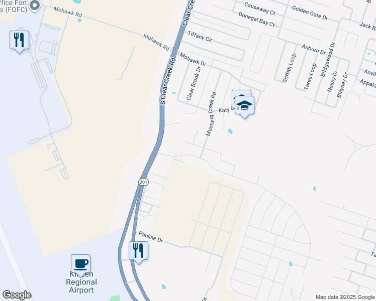 map of restaurants, bars, coffee shops, grocery stores, and more near 5005 Prewitt Ranch Road in Killeen