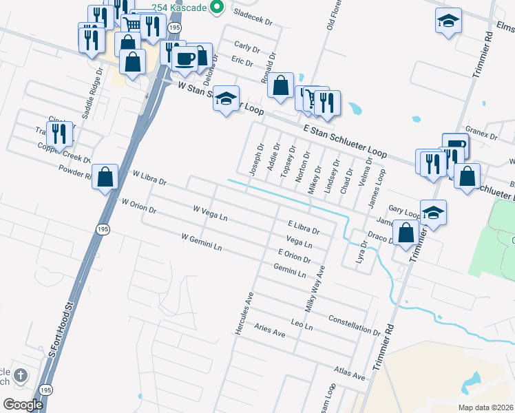 map of restaurants, bars, coffee shops, grocery stores, and more near 200 West Little Dipper in Killeen