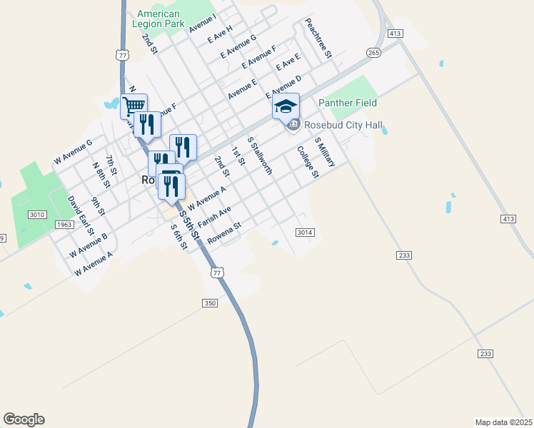 map of restaurants, bars, coffee shops, grocery stores, and more near 101 East Rowena in Rosebud