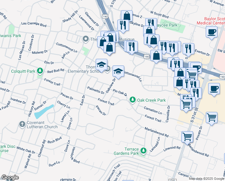 map of restaurants, bars, coffee shops, grocery stores, and more near 3404 Juniper Drive in Temple
