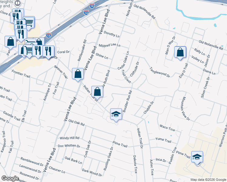 map of restaurants, bars, coffee shops, grocery stores, and more near 117 Wind Ridge Drive in Harker Heights