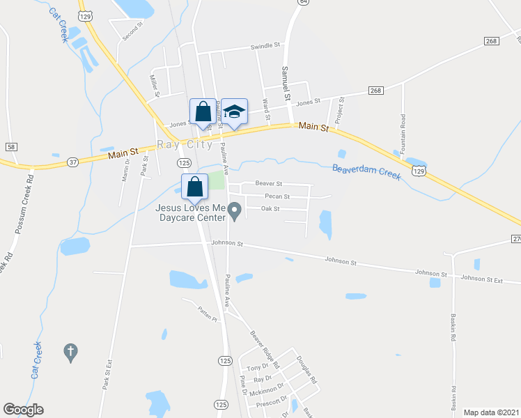 map of restaurants, bars, coffee shops, grocery stores, and more near 60 Oak Street in Ray City