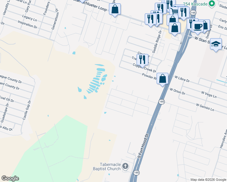 map of restaurants, bars, coffee shops, grocery stores, and more near 5901 South Fort Hood Street in Killeen