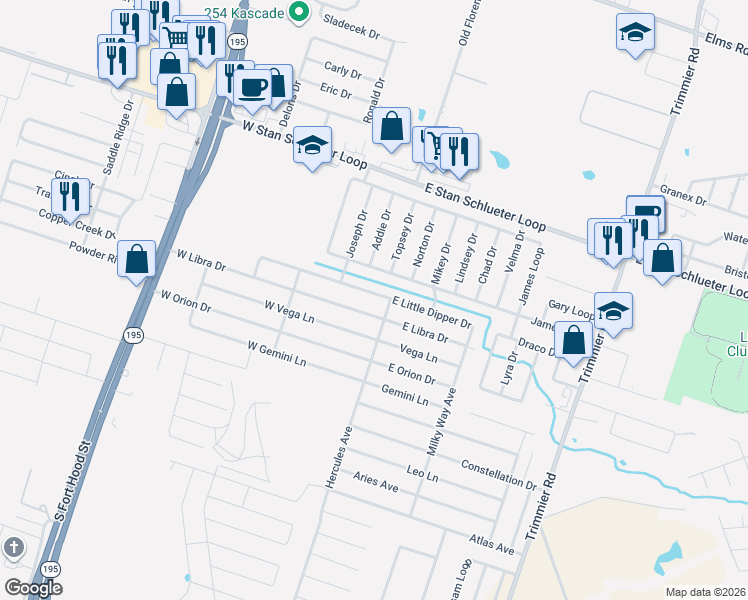 map of restaurants, bars, coffee shops, grocery stores, and more near 201 West Libra Drive in Killeen