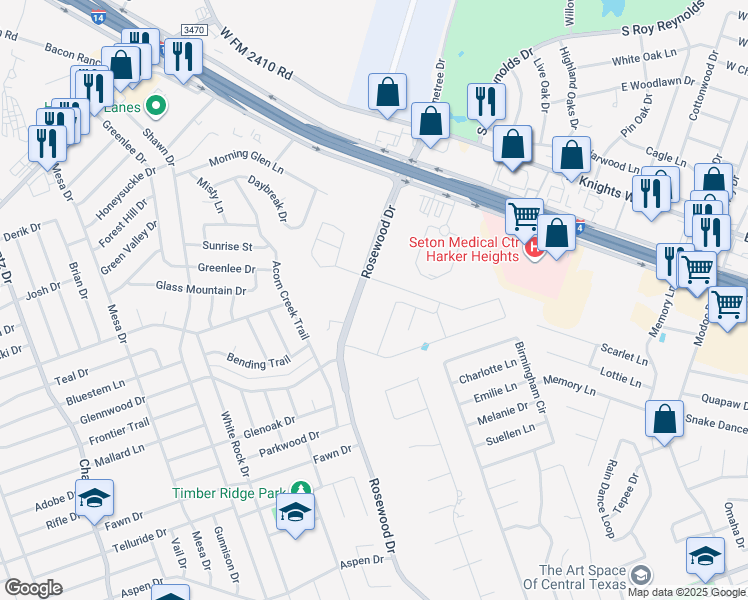 map of restaurants, bars, coffee shops, grocery stores, and more near 4136 Rosewood Drive in Killeen