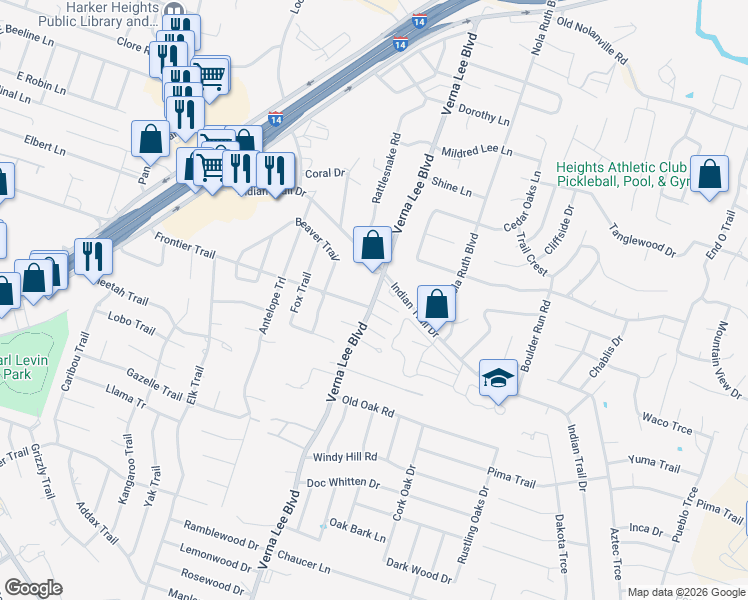 map of restaurants, bars, coffee shops, grocery stores, and more near 1751 Verna Lee Boulevard in Harker Heights
