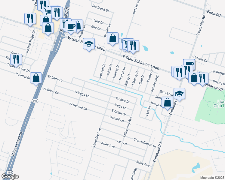 map of restaurants, bars, coffee shops, grocery stores, and more near 301 East Little Dipper in Killeen