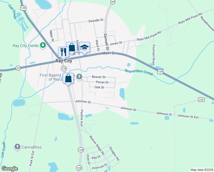 map of restaurants, bars, coffee shops, grocery stores, and more near 162 Oak Street in Ray City