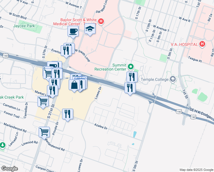 map of restaurants, bars, coffee shops, grocery stores, and more near 605 Southwest H K Dodgen Loop in Temple