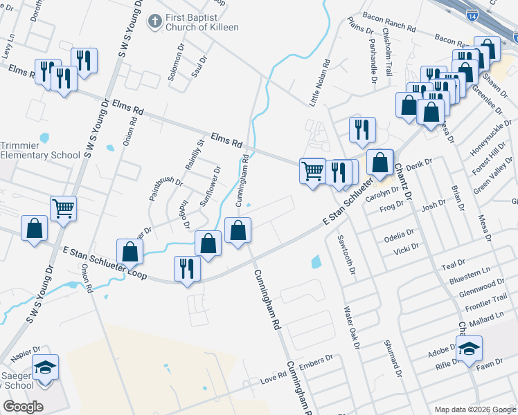 map of restaurants, bars, coffee shops, grocery stores, and more near 4302 Cunningham Road in Killeen