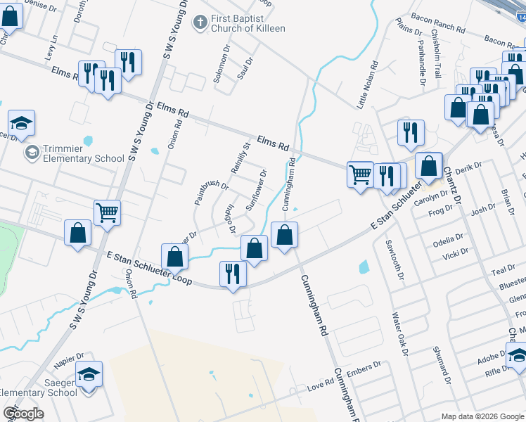 map of restaurants, bars, coffee shops, grocery stores, and more near 4606 Indigo Drive in Killeen