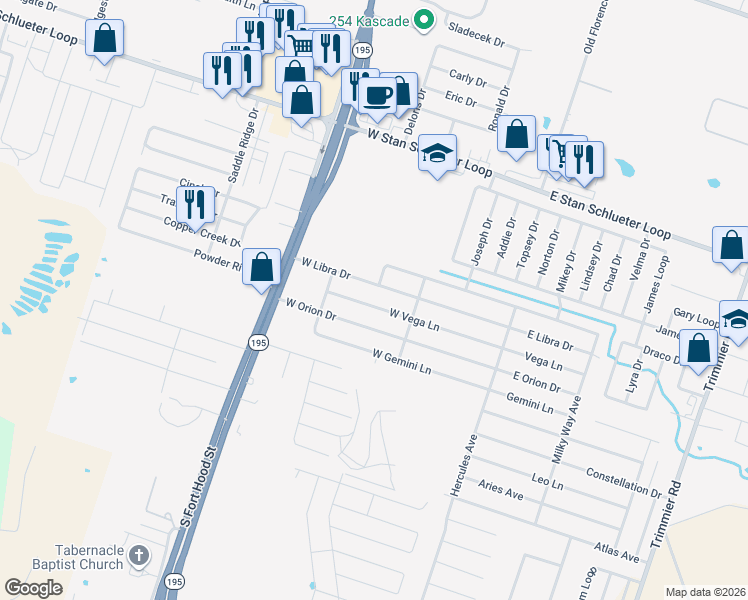 map of restaurants, bars, coffee shops, grocery stores, and more near 600 West Vega Lane in Killeen
