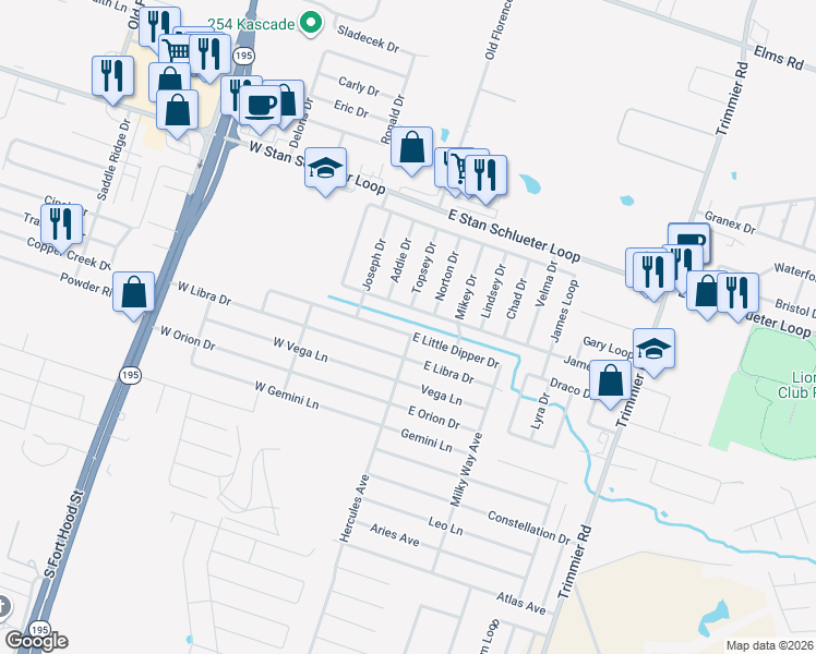 map of restaurants, bars, coffee shops, grocery stores, and more near 301 East Little Dipper in Killeen