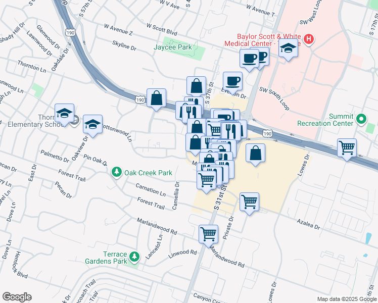 map of restaurants, bars, coffee shops, grocery stores, and more near 3121 Market Loop in Temple