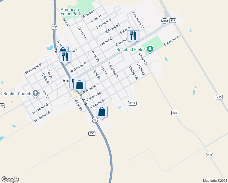 map of restaurants, bars, coffee shops, grocery stores, and more near 101 East Rowena in Rosebud