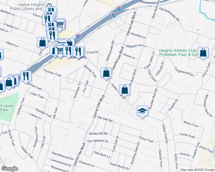 map of restaurants, bars, coffee shops, grocery stores, and more near 1751 Verna Lee Boulevard in Harker Heights