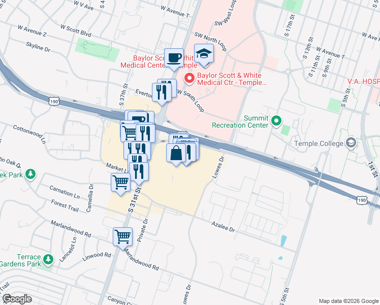 map of restaurants, bars, coffee shops, grocery stores, and more near 3111 South 31st Street in Temple