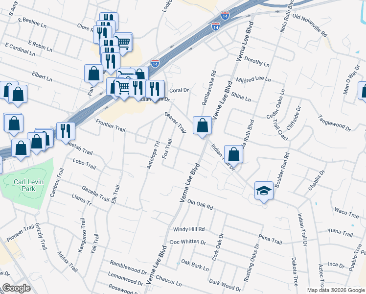 map of restaurants, bars, coffee shops, grocery stores, and more near 1615 Beaver Trail in Harker Heights