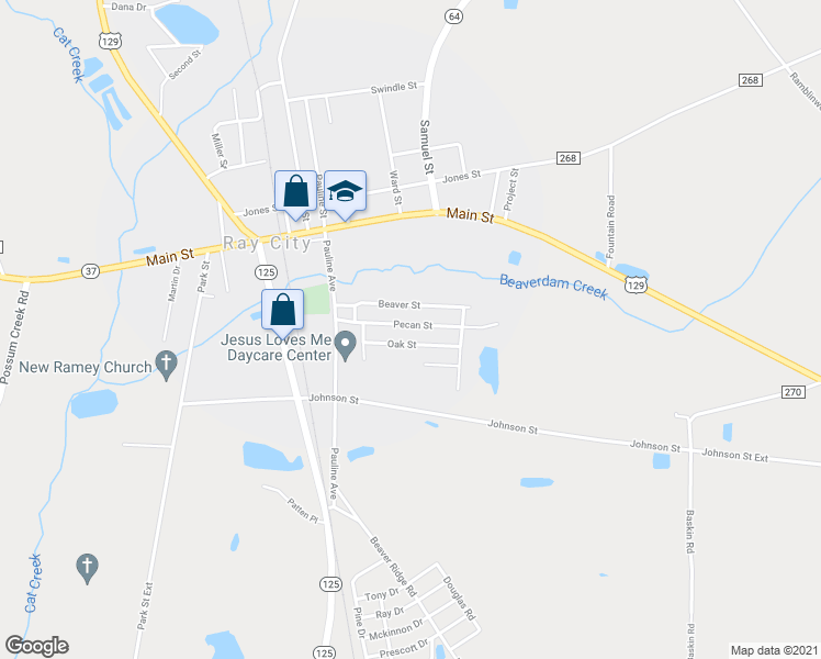 map of restaurants, bars, coffee shops, grocery stores, and more near 176 Pecan Street in Ray City