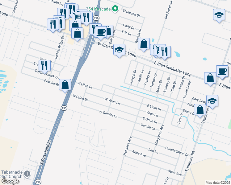 map of restaurants, bars, coffee shops, grocery stores, and more near 404 West Little Dipper in Killeen