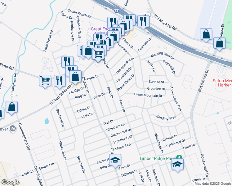 map of restaurants, bars, coffee shops, grocery stores, and more near 3311 Green Valley Drive in Killeen