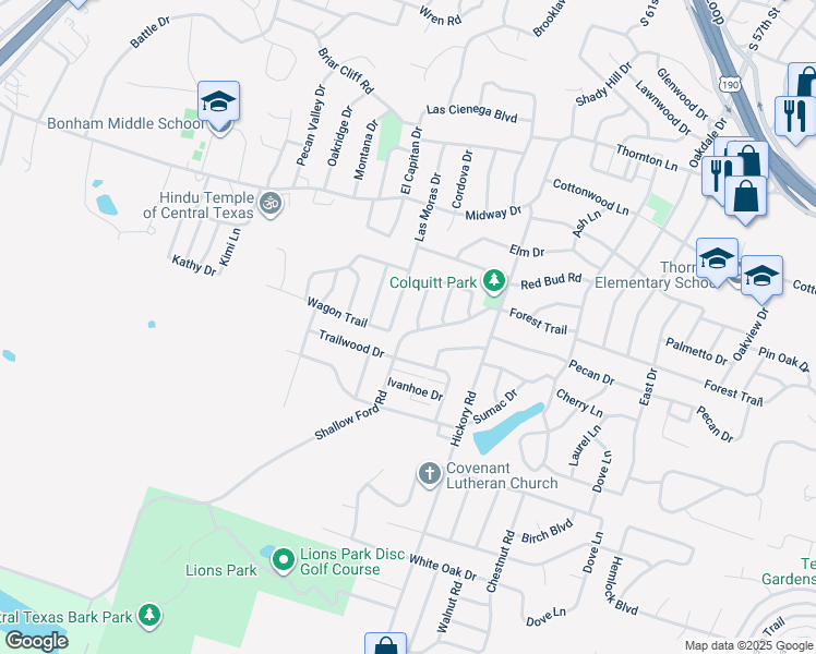 map of restaurants, bars, coffee shops, grocery stores, and more near 3610 Wolverine Trail in Temple