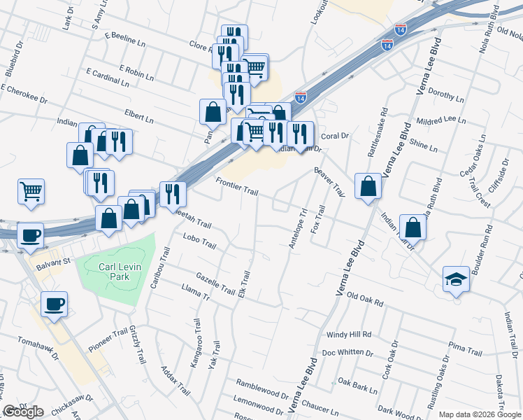 map of restaurants, bars, coffee shops, grocery stores, and more near 1702 Elk Trail in Harker Heights