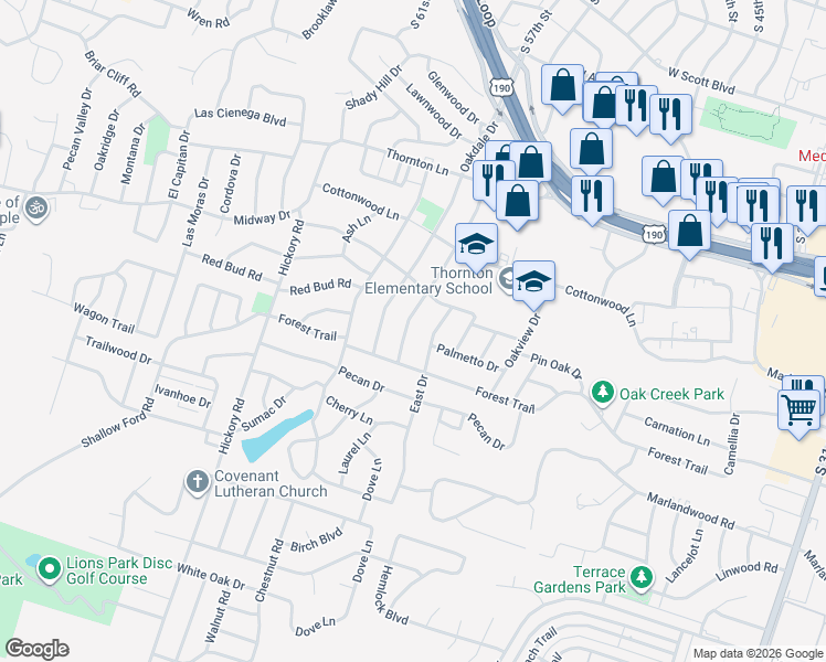 map of restaurants, bars, coffee shops, grocery stores, and more near 3401 Oaklawn Drive in Temple