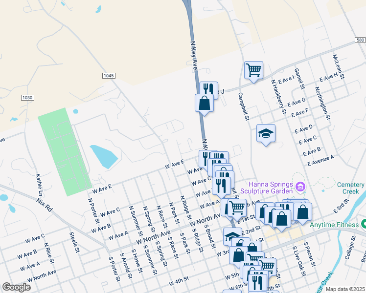 map of restaurants, bars, coffee shops, grocery stores, and more near 608 North Key Avenue in Lampasas