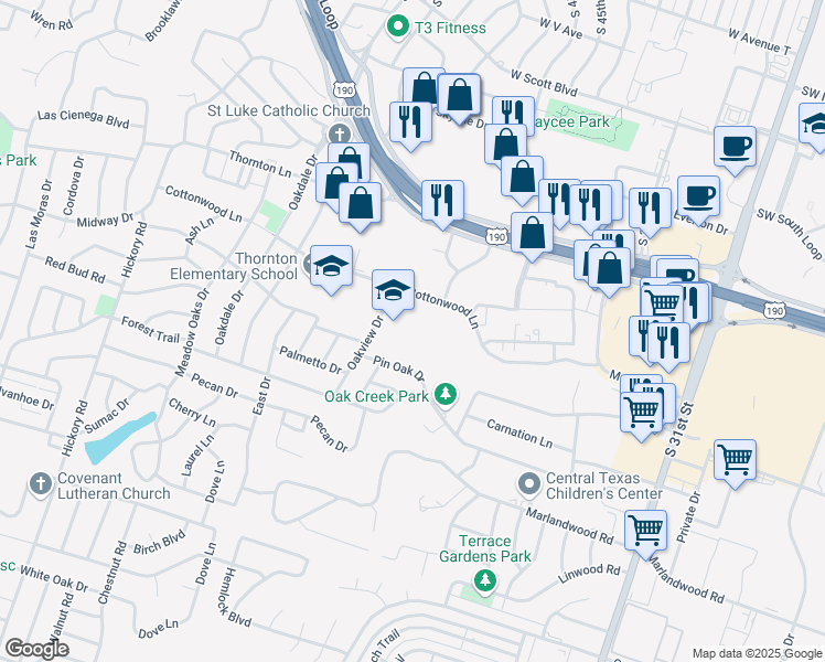 map of restaurants, bars, coffee shops, grocery stores, and more near 2405 Cottonwood Lane in Temple