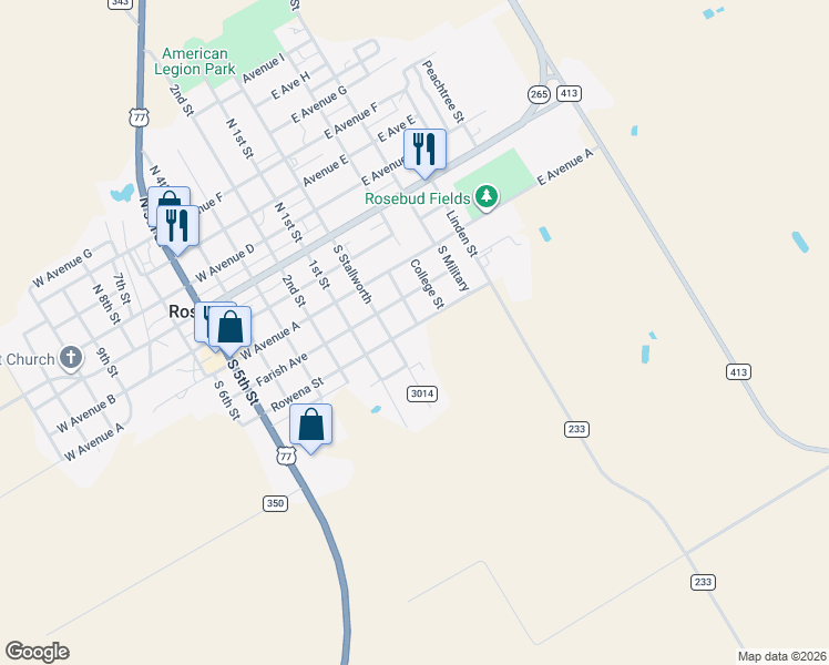 map of restaurants, bars, coffee shops, grocery stores, and more near 217 East Rowena in Rosebud